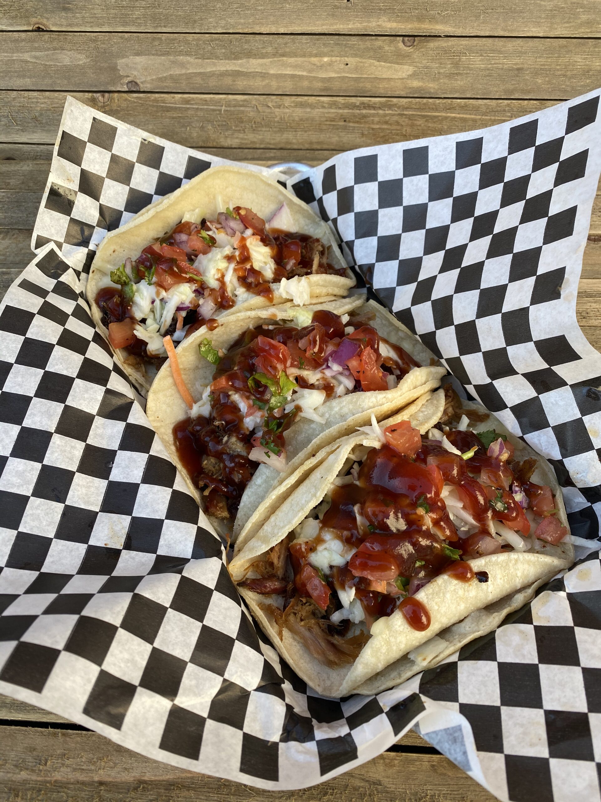 3 corn tortillas stuffed w/chopped brisket, coleslaw, mont. jack cheese, pico de gallo & sweet BBQ sauce